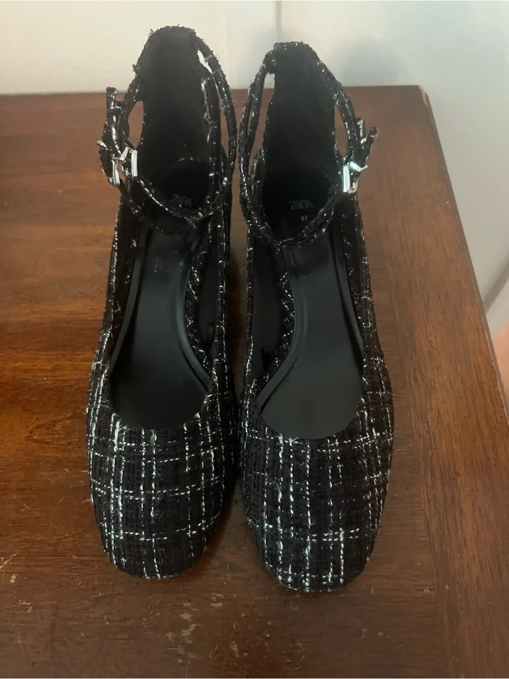 Zara Women's Black Tweed Ankle-Strap Pumps size 37 (US 6.5)